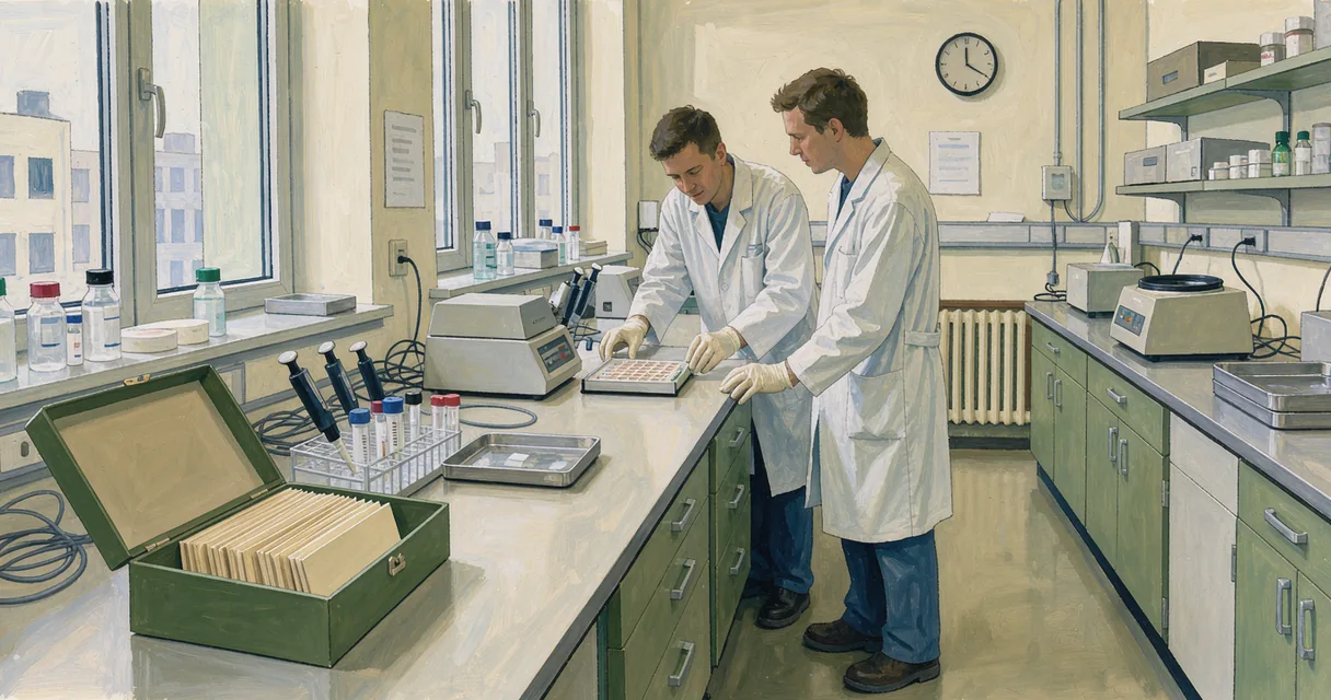Two laboratory researchers discussing an assay beside an open index-card box