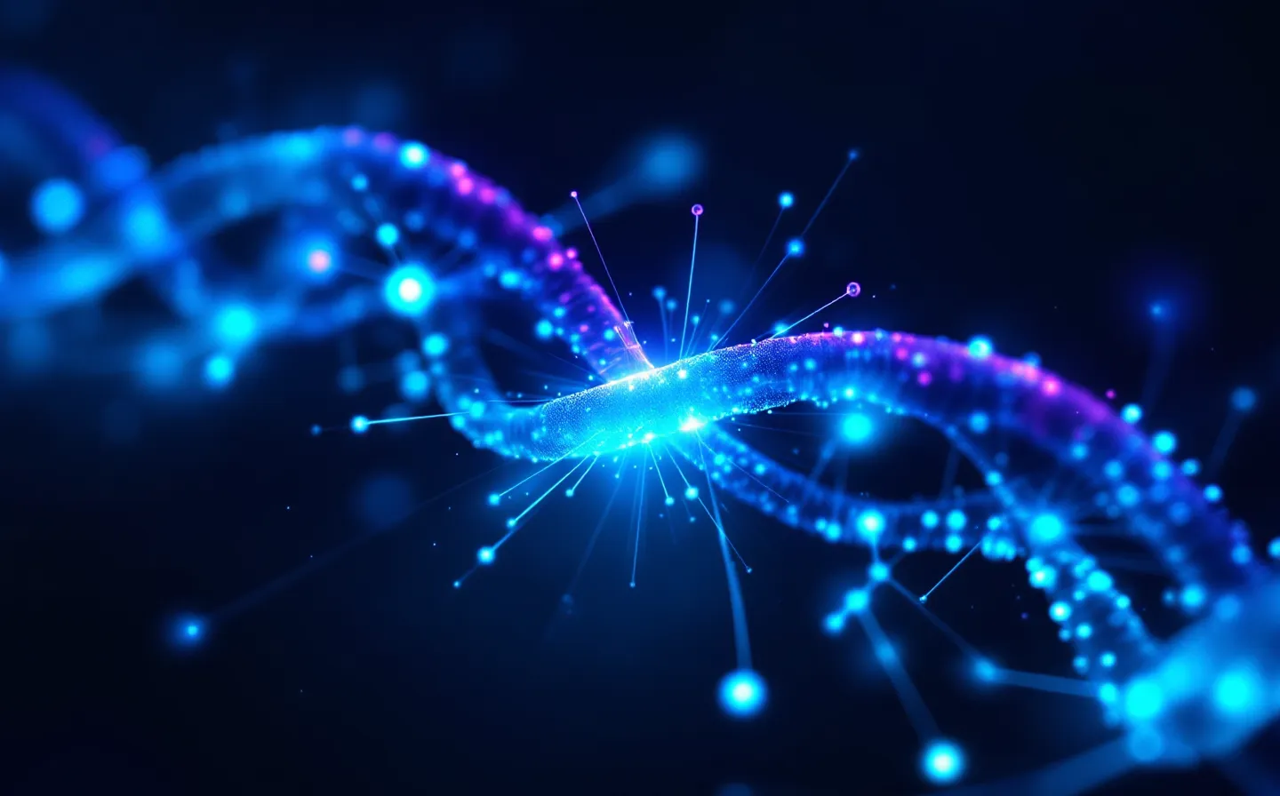 Abstract illustration of a five-node peptide chain carrying a single clean violet signal pulse