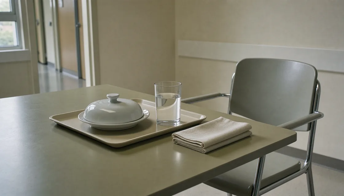 Covered meal tray beside an empty hospital dining chair