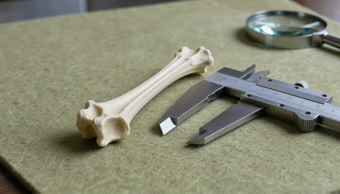 Small rat tibia beside a caliper on an olive laboratory mat