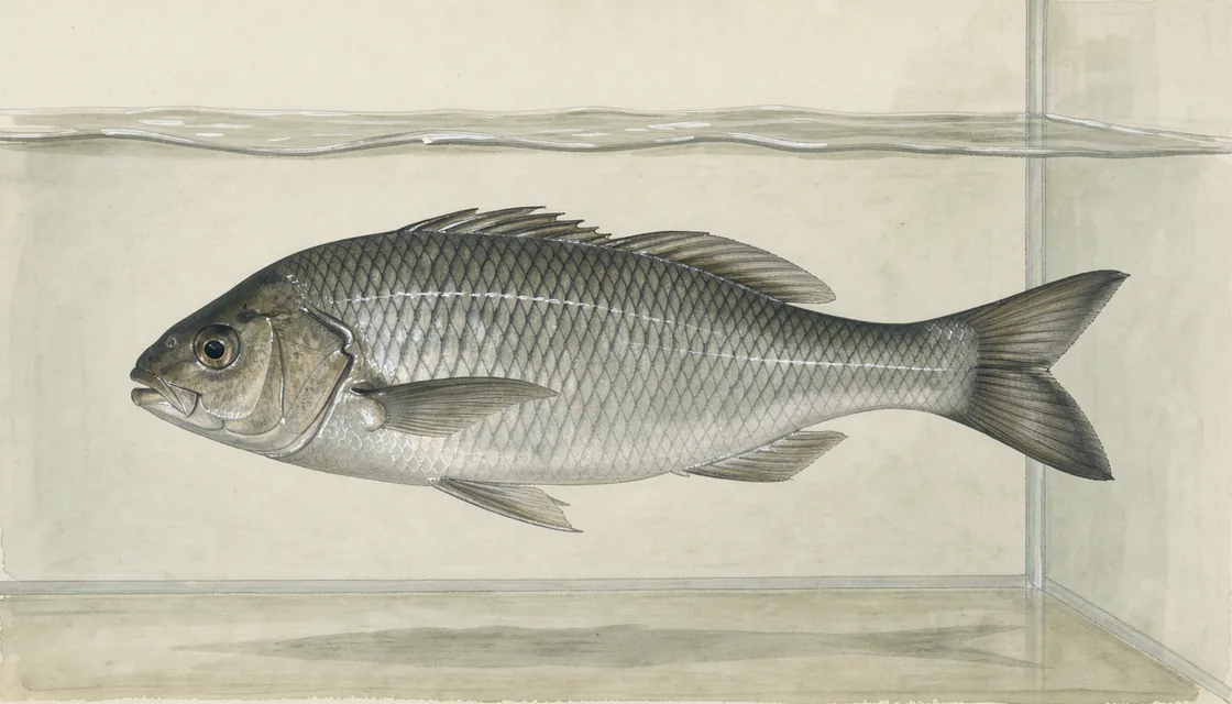 Silver seabream viewed from the side in pale olive water